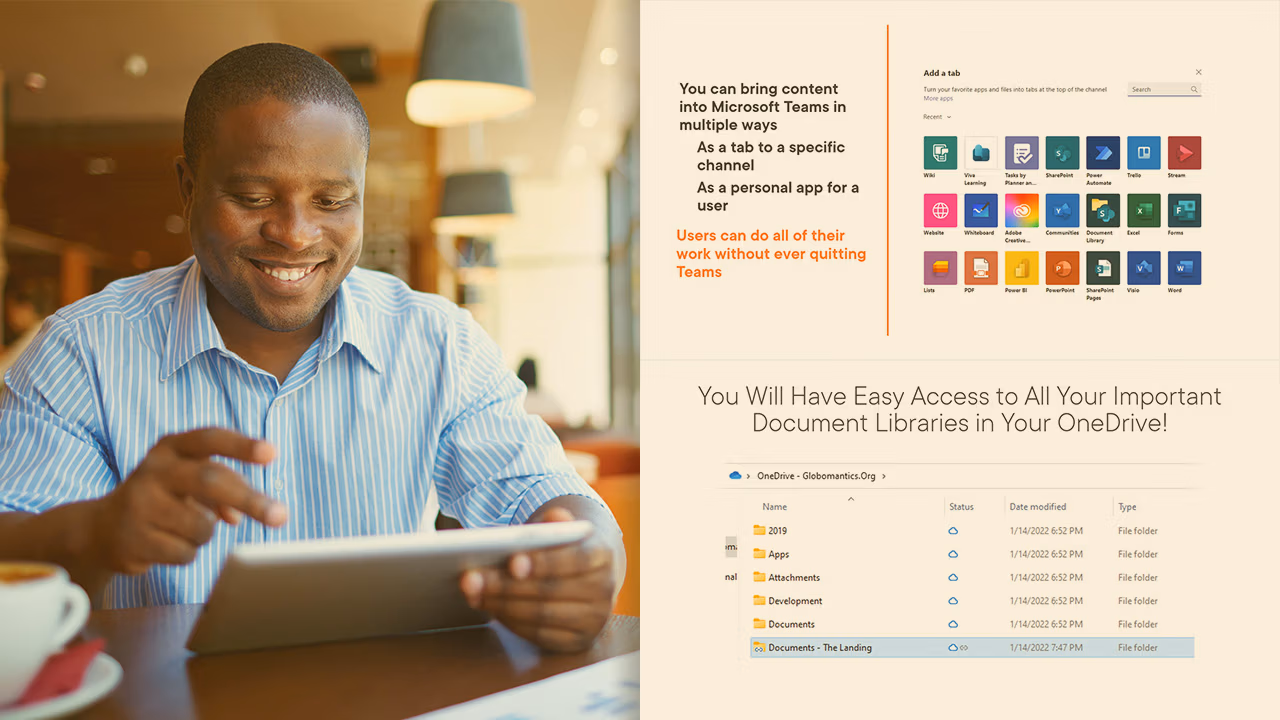 Pluralsight course artwork for Microsoft 365: The Big Picture, a smiling man with a tablet beside Teams and OneDrive slides
