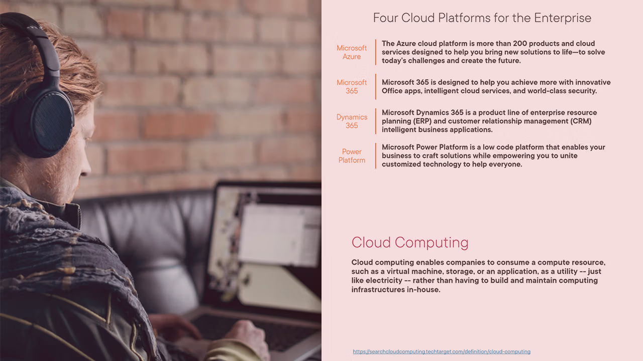 Pluralsight course artwork for Microsoft 365 Cloud Concepts: a man with headphones beside a four cloud platforms slide
