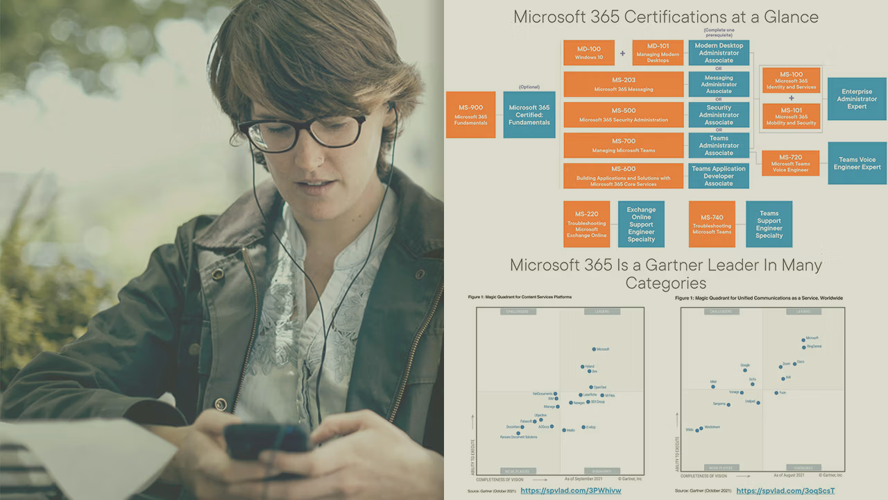 Pluralsight course artwork for the MS-900 exam introduction: a woman on her phone beside a Microsoft 365 certifications chart