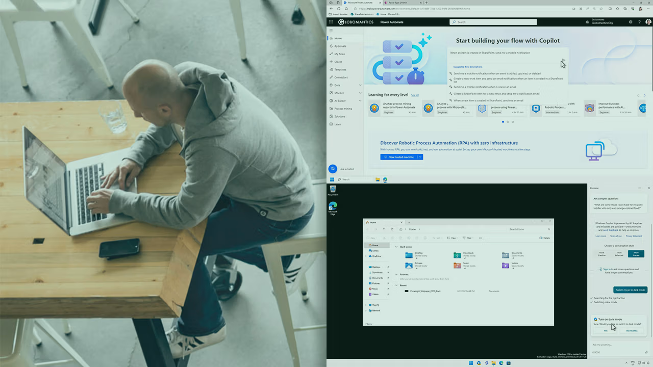 Pluralsight course artwork for Introduction to Microsoft Copilot: a man at a laptop beside Copilot flow building screens