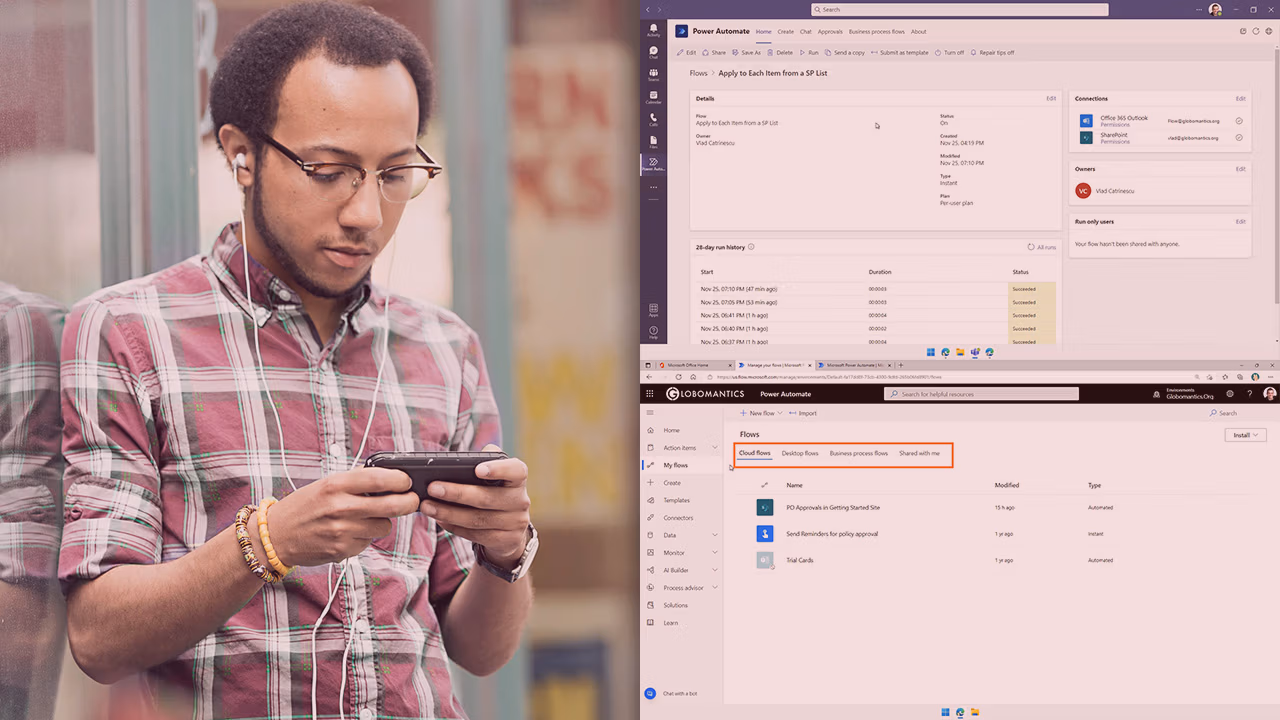 Pluralsight course artwork for Getting Started with Power Automate: a man in plaid on his phone beside flow run details