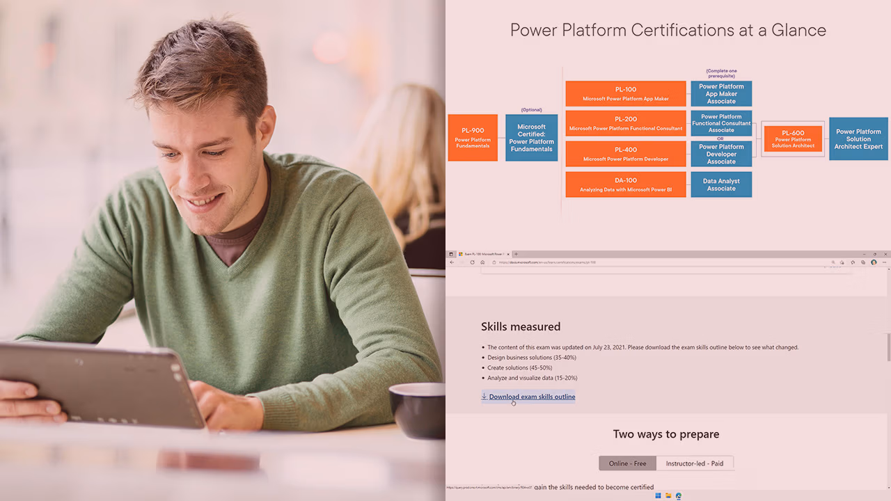 Pluralsight course artwork for PL-100 exam preparation: a man with a tablet beside a Power Platform certifications chart