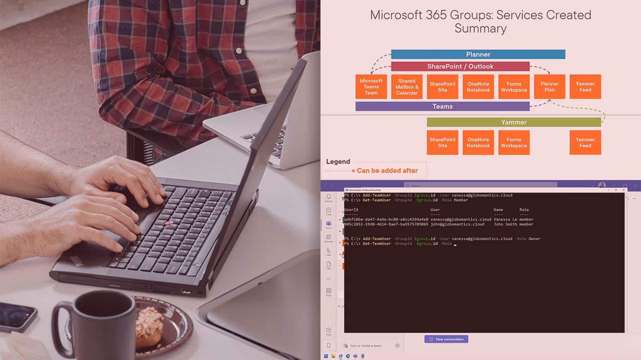 Pluralsight course artwork for Teams and Microsoft 365 Groups Administration: hands typing beside a groups services diagram