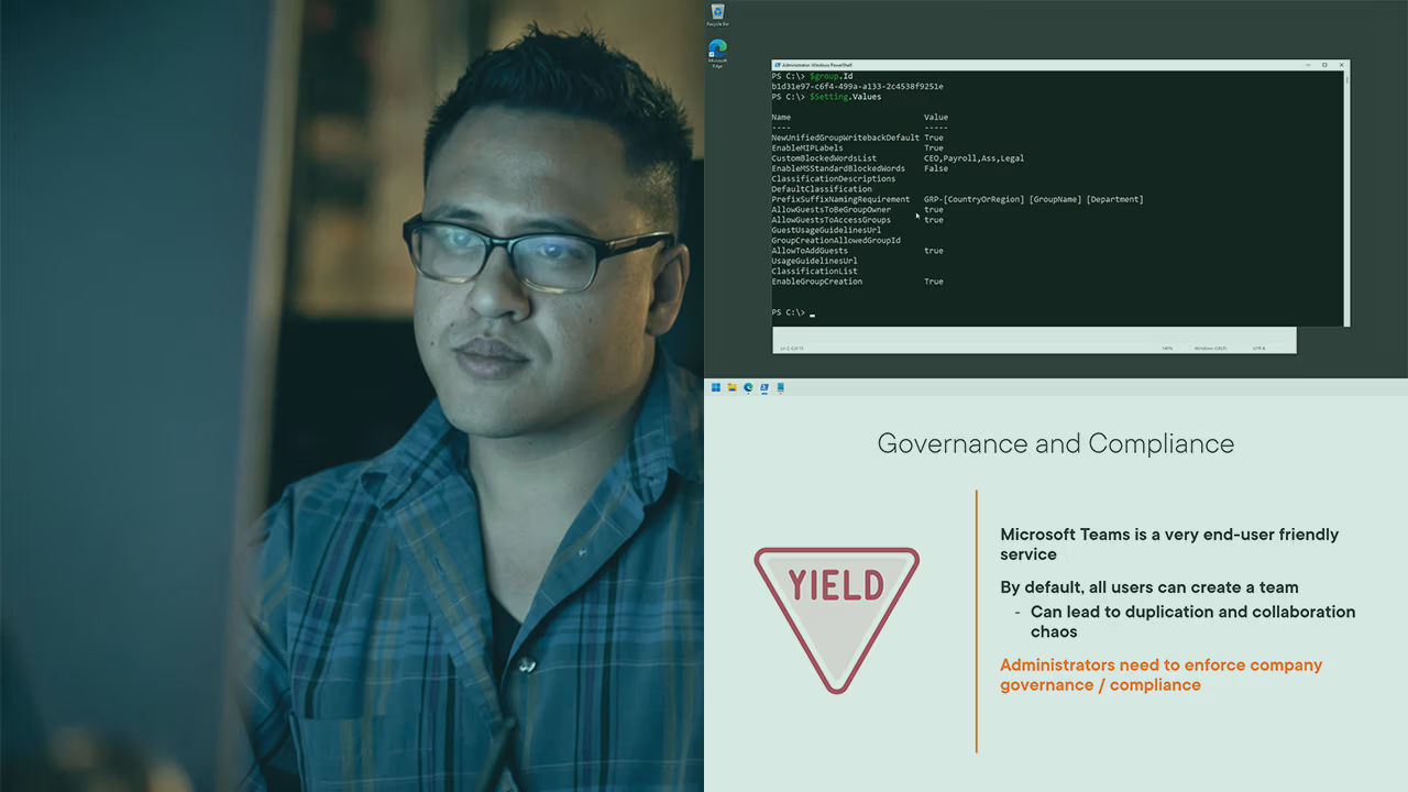Pluralsight course artwork for Teams and Microsoft 365 Groups governance: a man with glasses beside PowerShell and a slide