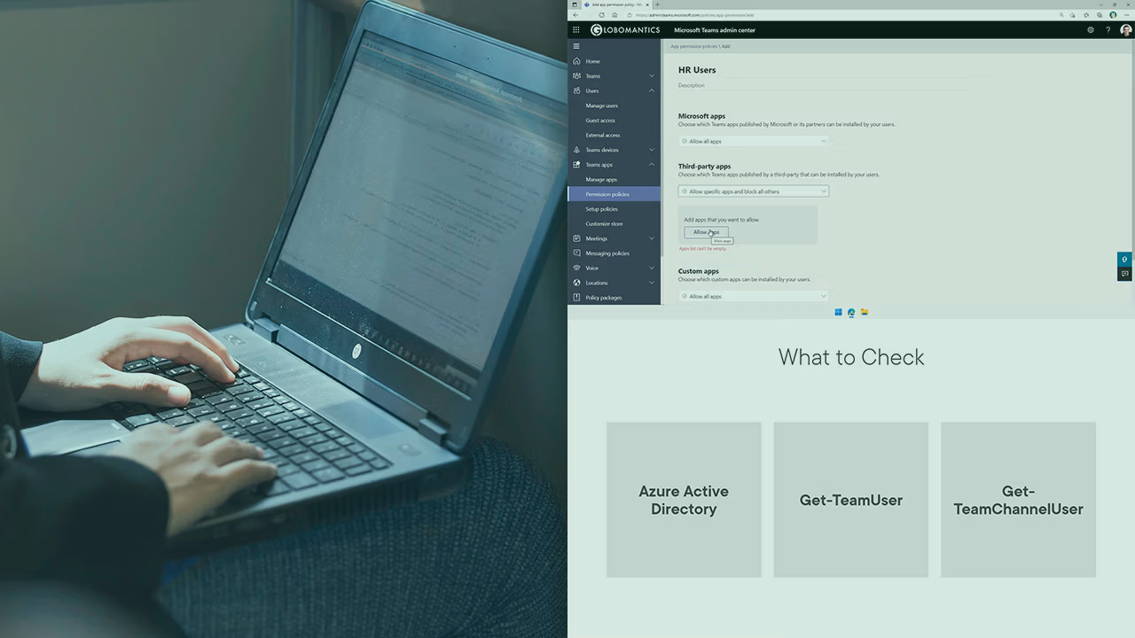 Pluralsight course artwork for Troubleshooting Teams and Channels: hands on a laptop beside the Teams admin center