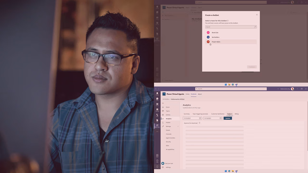 Pluralsight course artwork for Power Virtual Agent Chatbots for Teams: a man with glasses beside a Create a chatbot dialog
