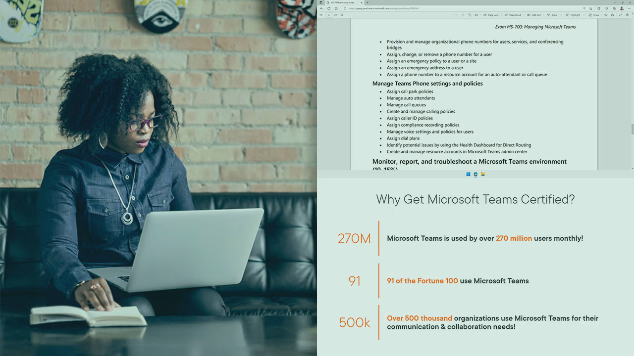 Pluralsight course artwork for the MS-700 exam introduction: a woman at a laptop beside the skills list and Teams statistics
