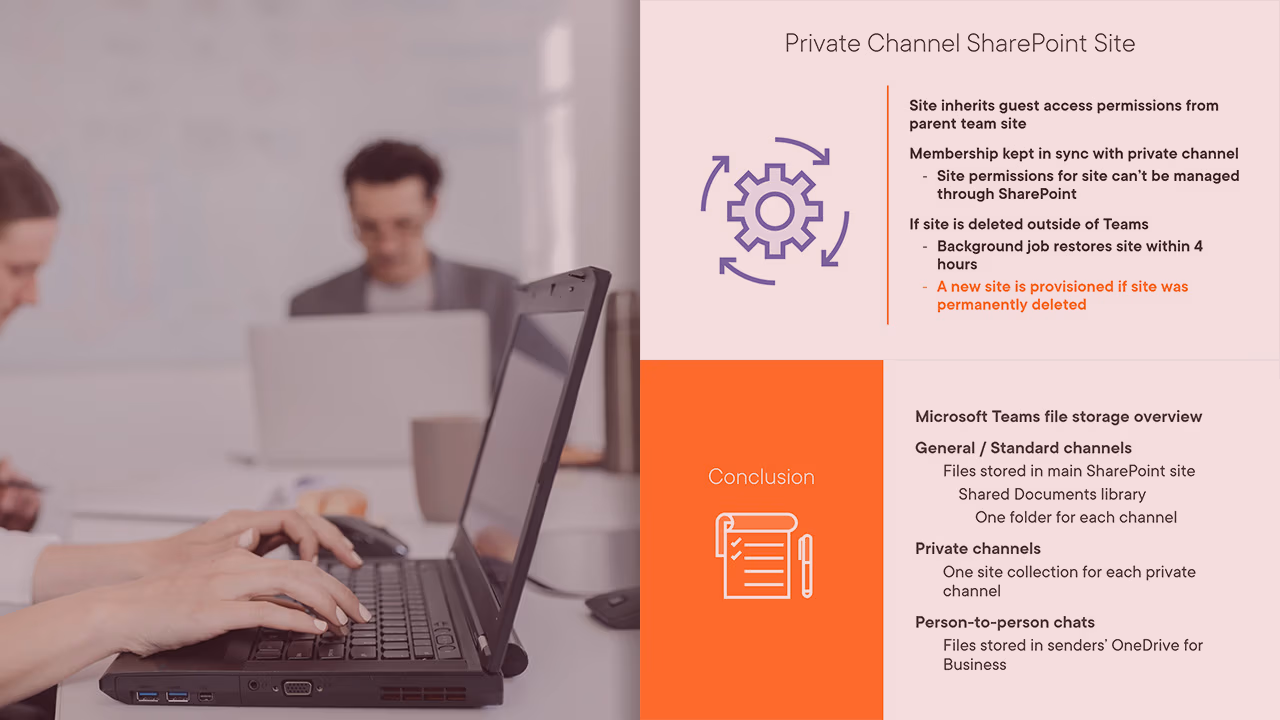 Pluralsight course artwork for Troubleshooting Microsoft Teams: File Issues, a woman typing beside private channel slides
