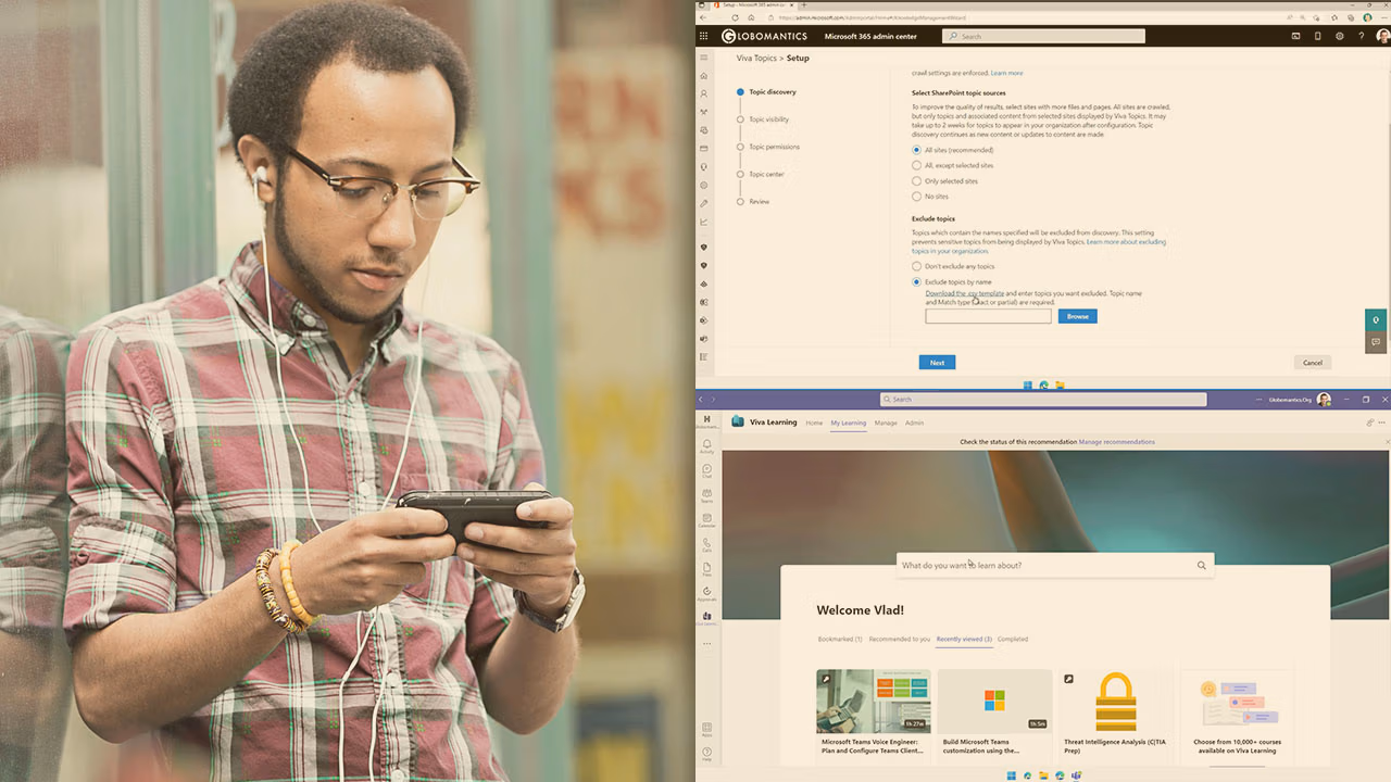 Pluralsight course artwork for Getting Started with Microsoft Viva: a man on his phone beside Viva Topics and Viva Learning