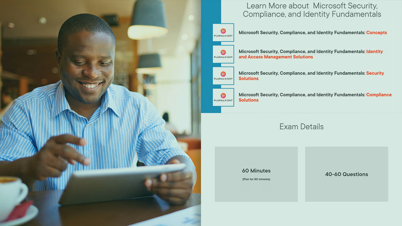 Pluralsight course artwork for the SC-900 exam introduction: a smiling man with a tablet beside course list and exam details