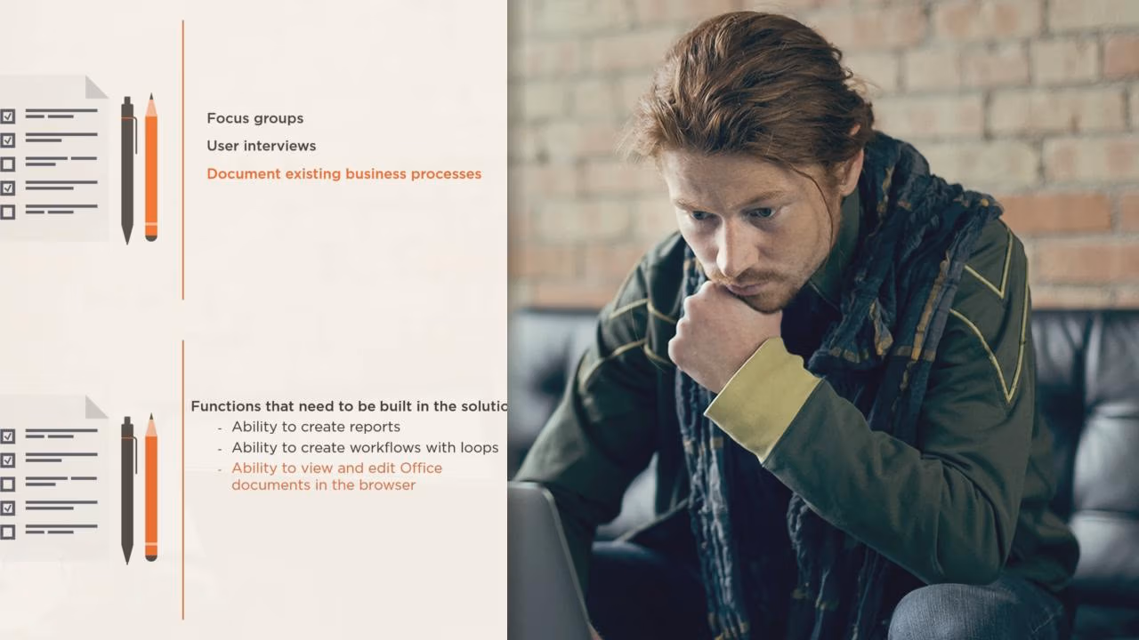 Pluralsight course artwork for SharePoint 2016 Physical Topology and Services: planning checklists beside a pensive man