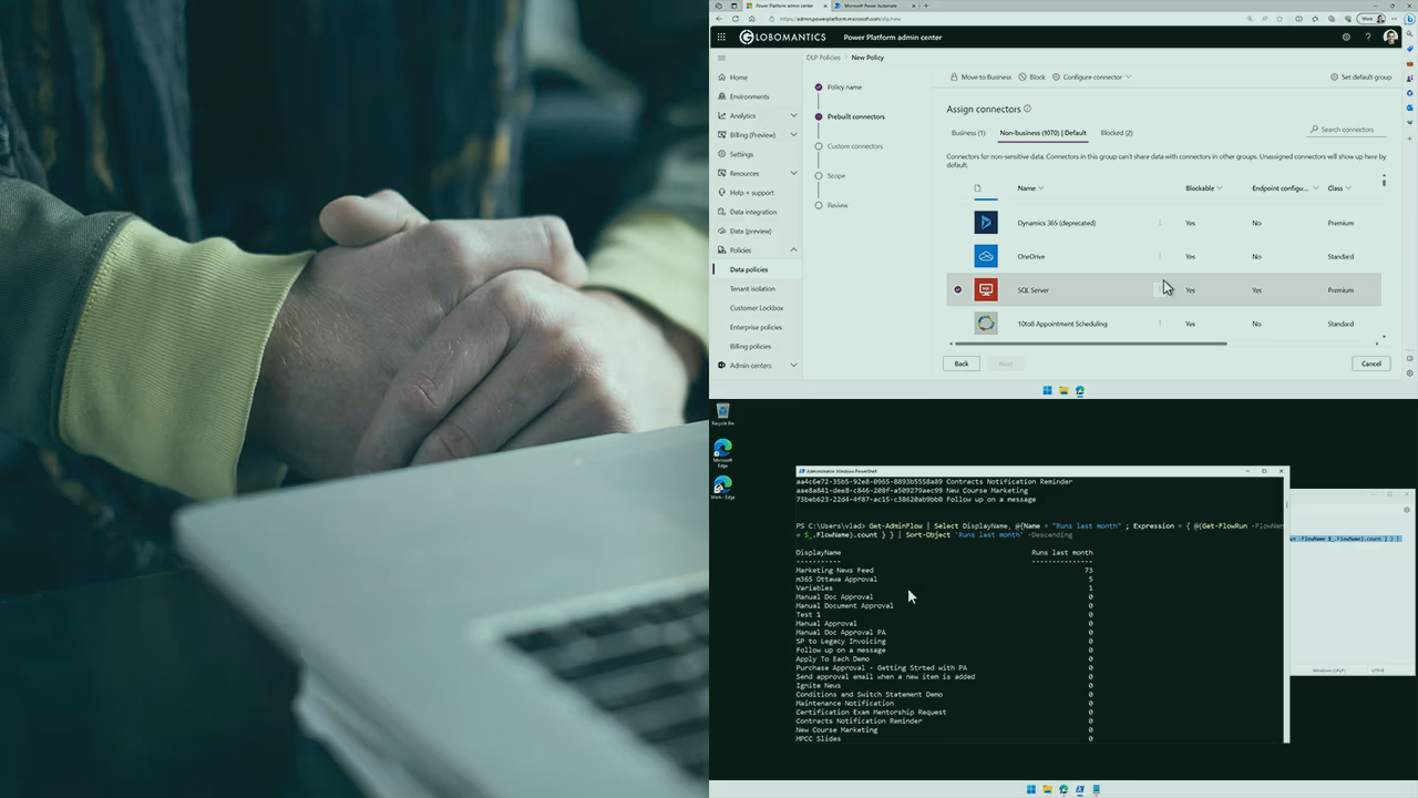 Pluralsight course artwork for Power Automate Security and Governance: clasped hands at a laptop beside a DLP policy page