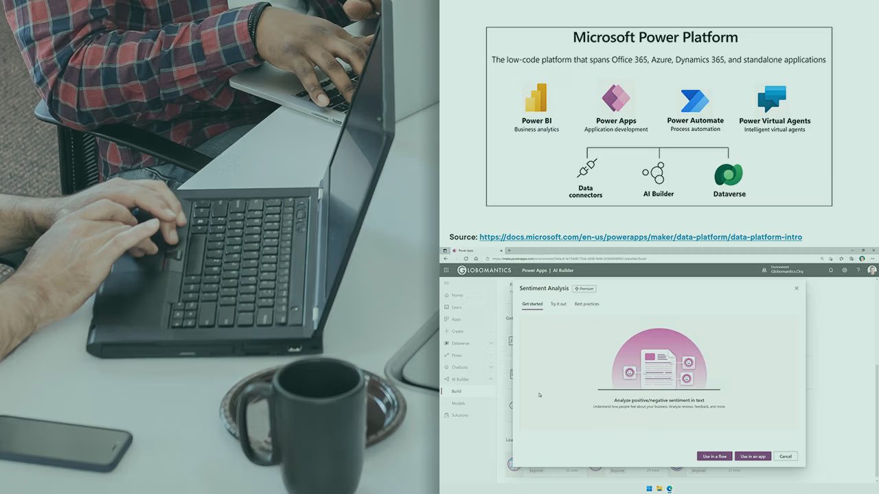 Pluralsight course artwork for Core Components of Power Platform: hands on a laptop beside a components chart