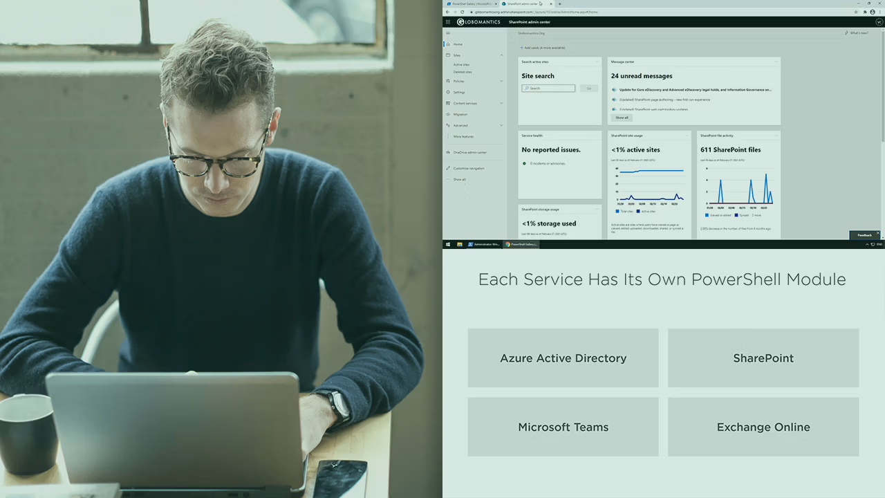Pluralsight course artwork for PowerShell for Microsoft 365: a man at a laptop beside the SharePoint admin center and modules