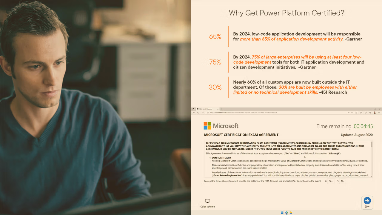 Pluralsight course artwork for PL-900 exam preparation: a man at a laptop beside Gartner statistics and the exam agreement