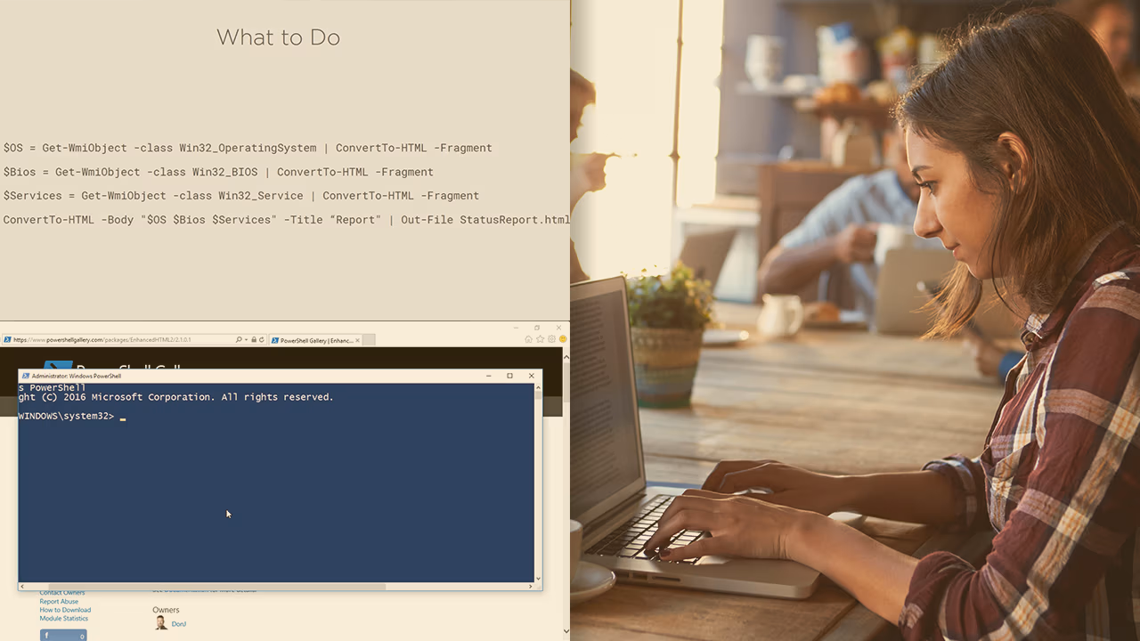 Pluralsight course artwork for Reporting with Windows PowerShell HTML: ConvertTo-HTML commands beside a woman typing