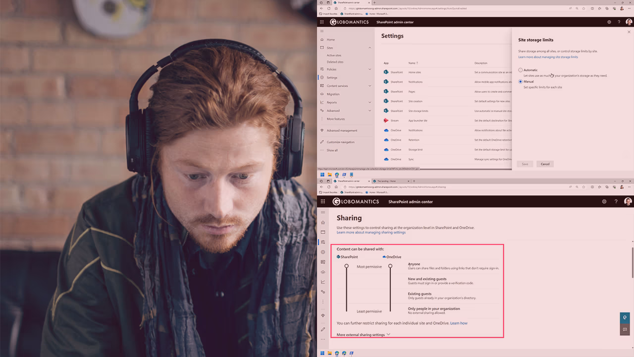 Pluralsight course artwork for SharePoint Online and OneDrive: a man with headphones beside SharePoint admin center pages