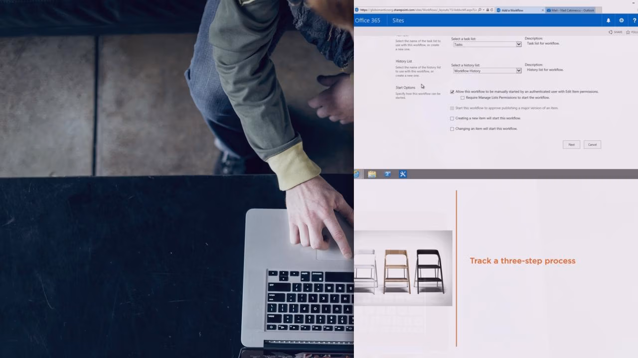 Pluralsight course artwork for Creating a Workflow in SharePoint Designer: hands on a laptop beside an add workflow page