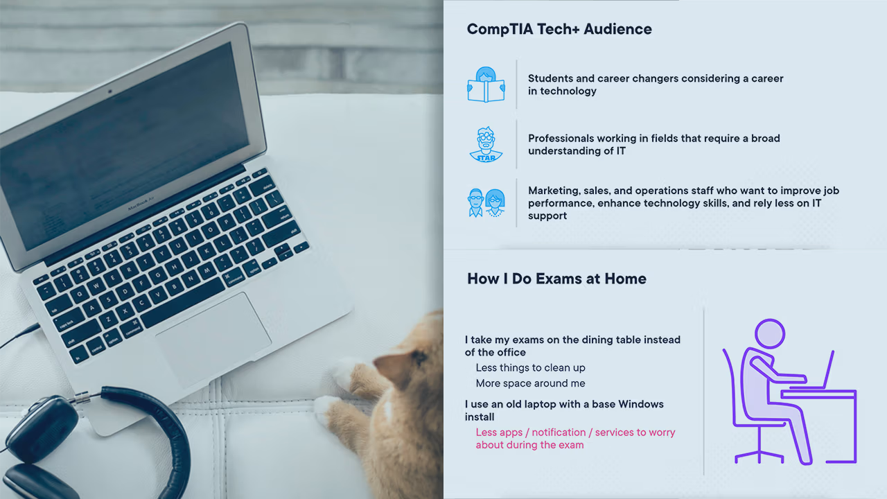 Pluralsight course artwork for Exam Review and Tips for CompTIA Tech+: a laptop and headphones beside exam audience slides