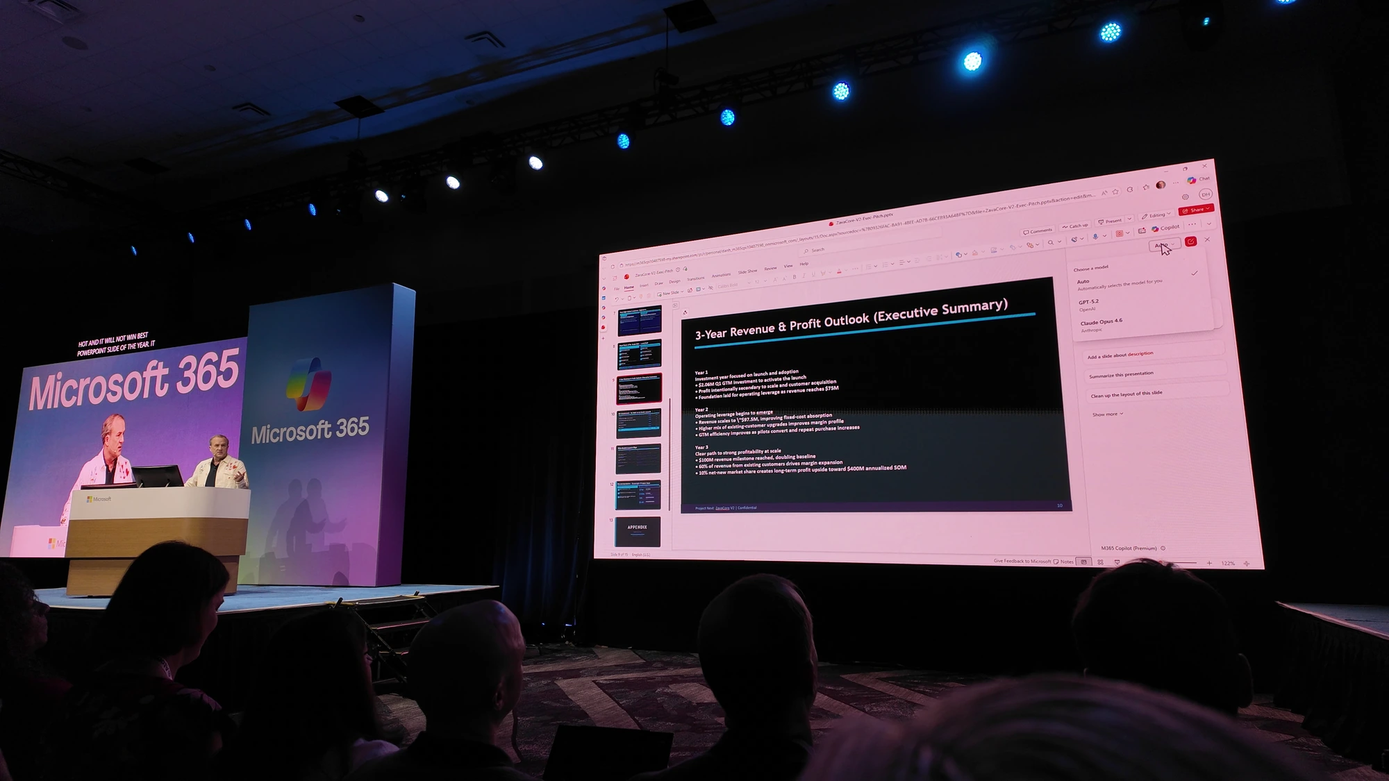 Microsoft 365 Conference 2026 keynote screen showing PowerPoint with a 3-Year Revenue and Profit Outlook slide and the Copilot model picker open